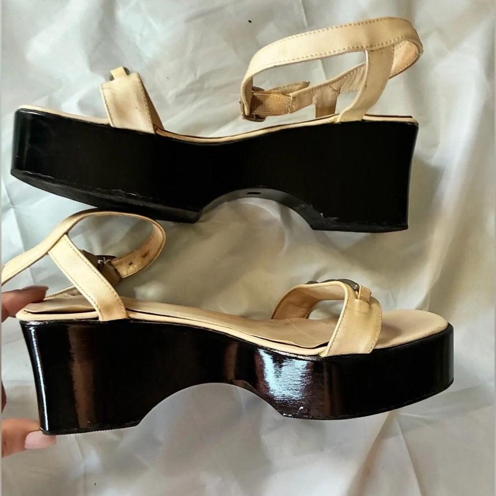 Vintage Gianni Versace Black & Cream Chunky Platform Wedge Sandals 90s Y2K